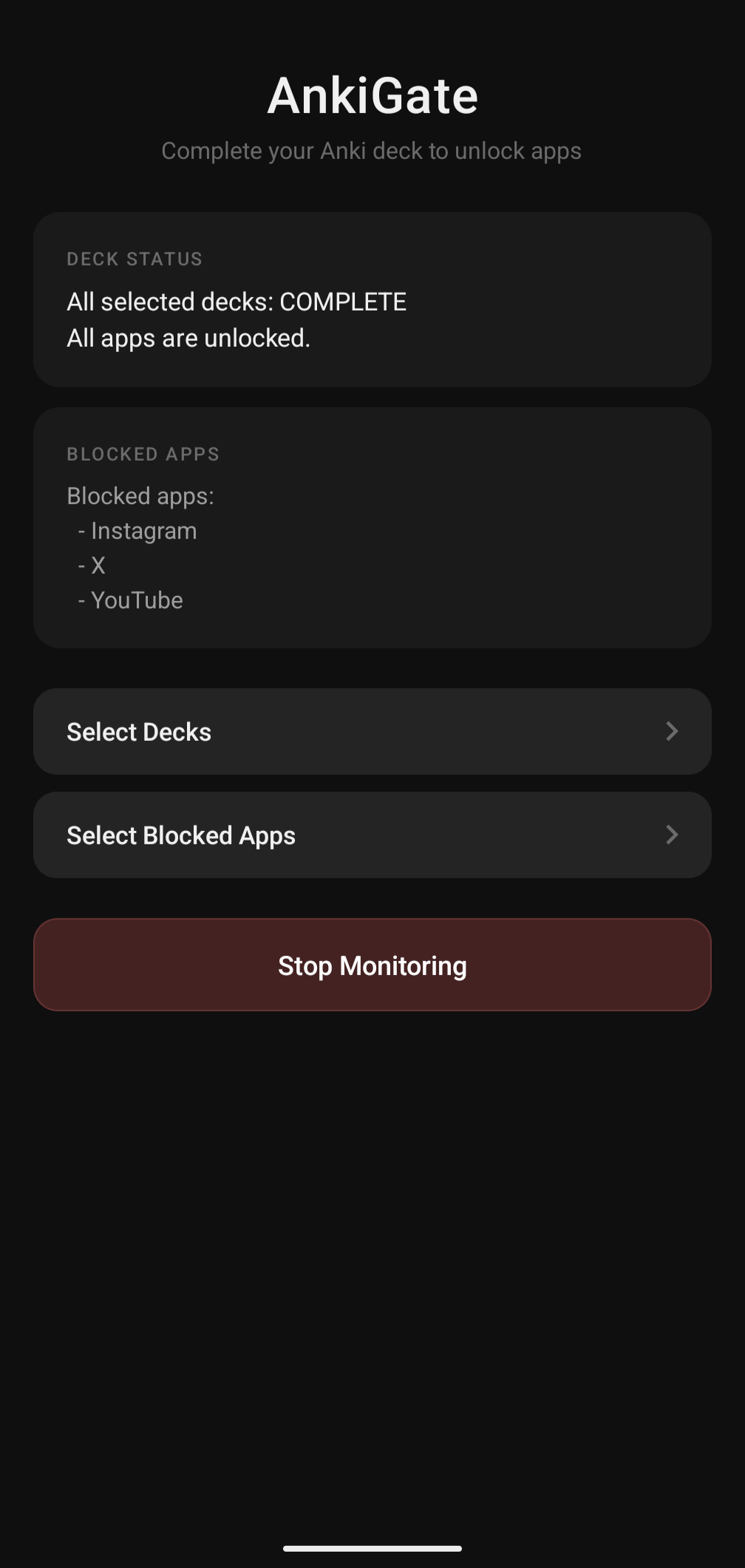 AnkGate home screen showing monitoring status