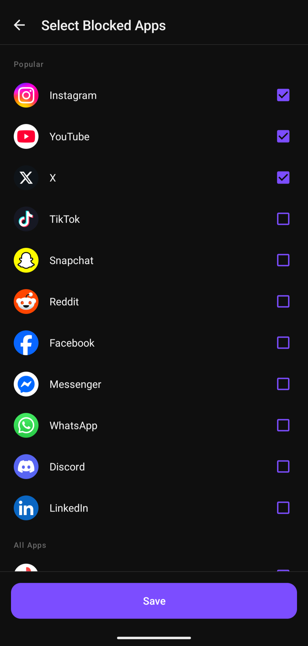 App selection screen with popular apps pinned