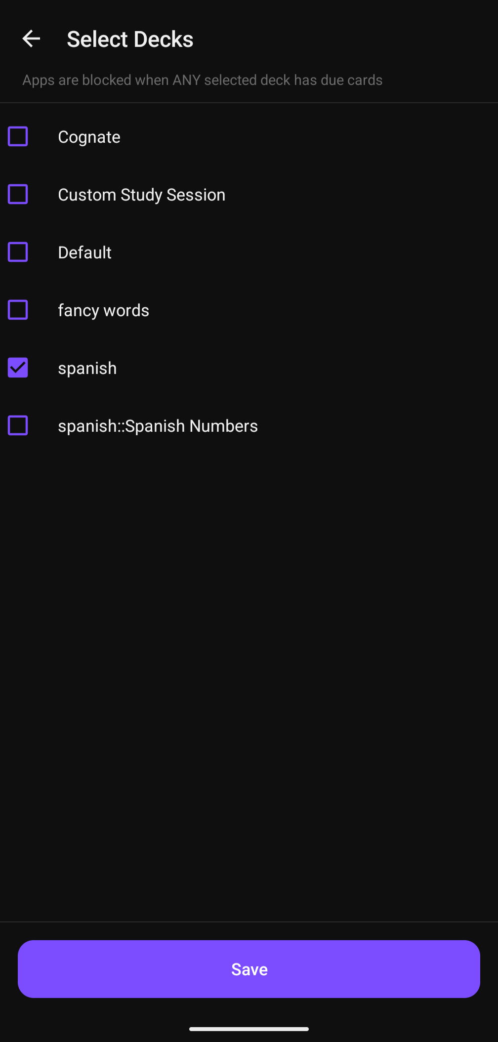 Deck selection screen for choosing which decks to monitor